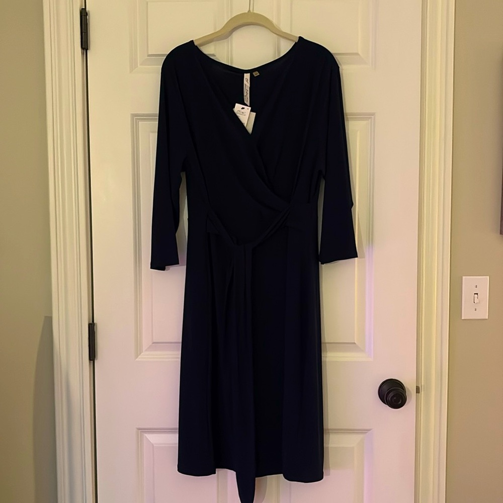 NWT Navy Dress Midi Faux Wrap Tie Travel Plus 1X